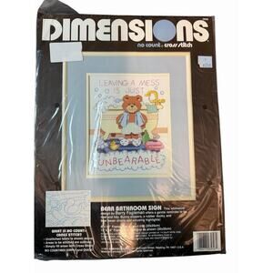 1991 Vintage New Dimensions Cross Stitch Kit 3956 Bear Bathroom Sign 8" X 10"